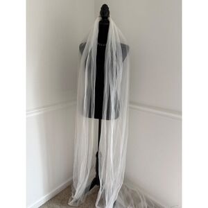 White Tulle Cathedral Wedding Veil With Comb Bridal Train 100" long ethereal‎